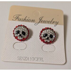 Skull Earrings Red Accent Stones Halloween Dia De Los Muertos